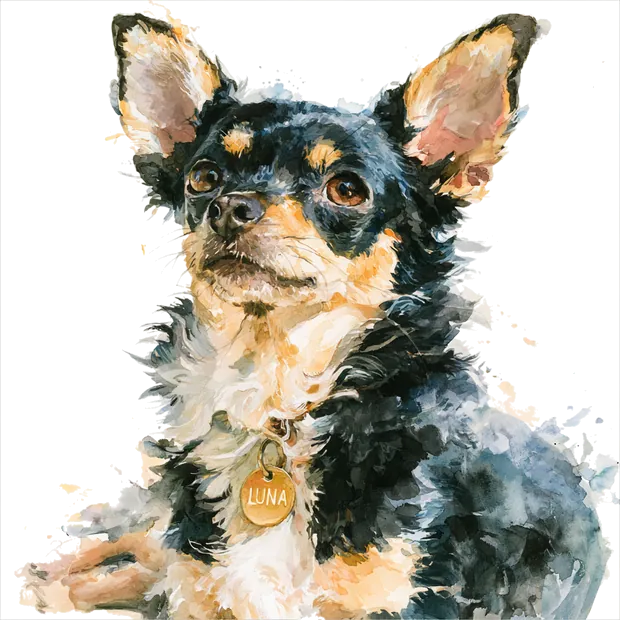 Watercolor of Luna, a black-and-tan Chihuahua wearing a gold LUNA tag